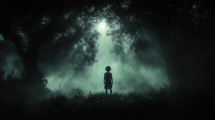 Fototapeta premium A child stands alone in a dark, misty forest