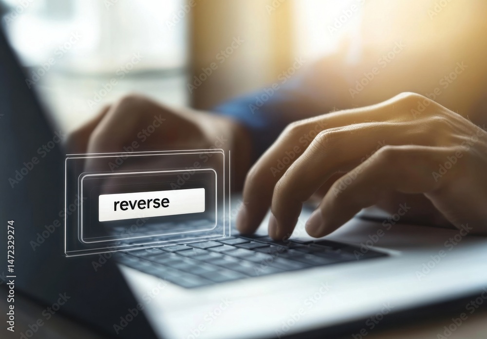 Aufkleber person's hands typing 'reverse' on a laptop keyboard, a digital search bar appears above the keys, s