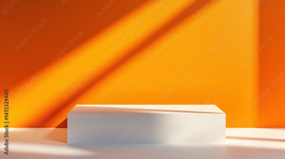 Leinwandbilder a minimalist white platform sits against a vibrant orange wall, bathed in sunlight streaming through