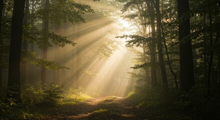 Naklejka premium 3D Wallpaper Forest. Sun Rays Shining Through Forest Trees Along a Path