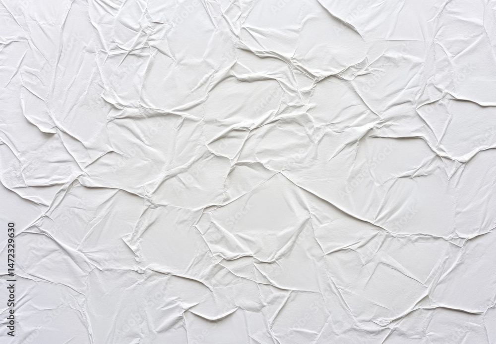 Poster a high-resolution image showcasing a crumpled, white paper texture with a variety of folds and creas