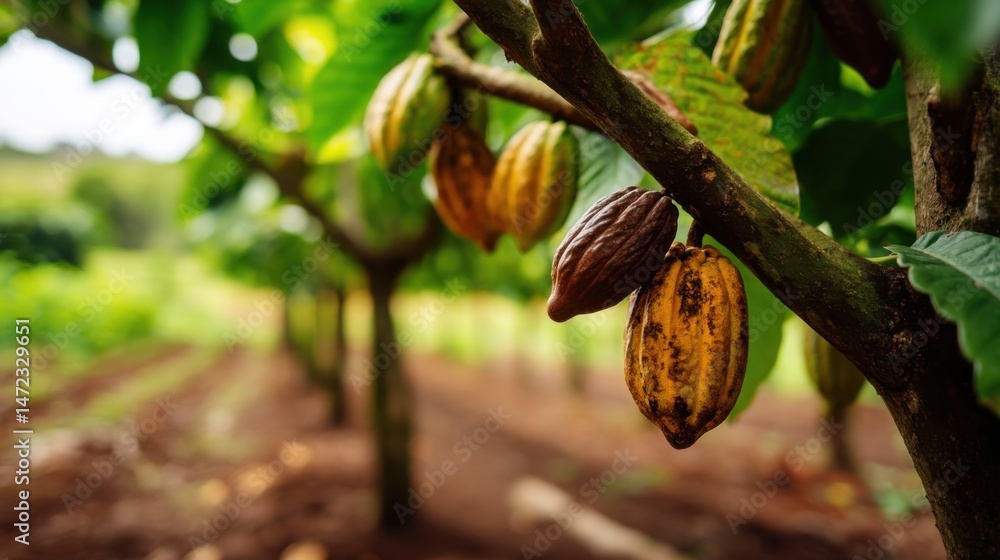Aufkleber ripe cacao pods hanging from a tree branch in a lush tropical plantation, showcasing the rich colors