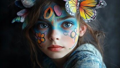 painted face, girl with painted face, face painter,halloween, face painting, face painting for performance , close up photo of a girl face