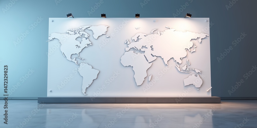 Poster white world map on a wall with spotlights in a modern studio setting with glossy floor