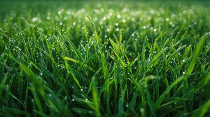 Obraz premium Fresh Cut Grass Field Glimmering with Dew in Wide Panorama View