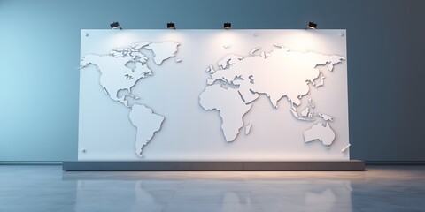 White world map on a wall with spotlights in a modern studio setting with glossy floor