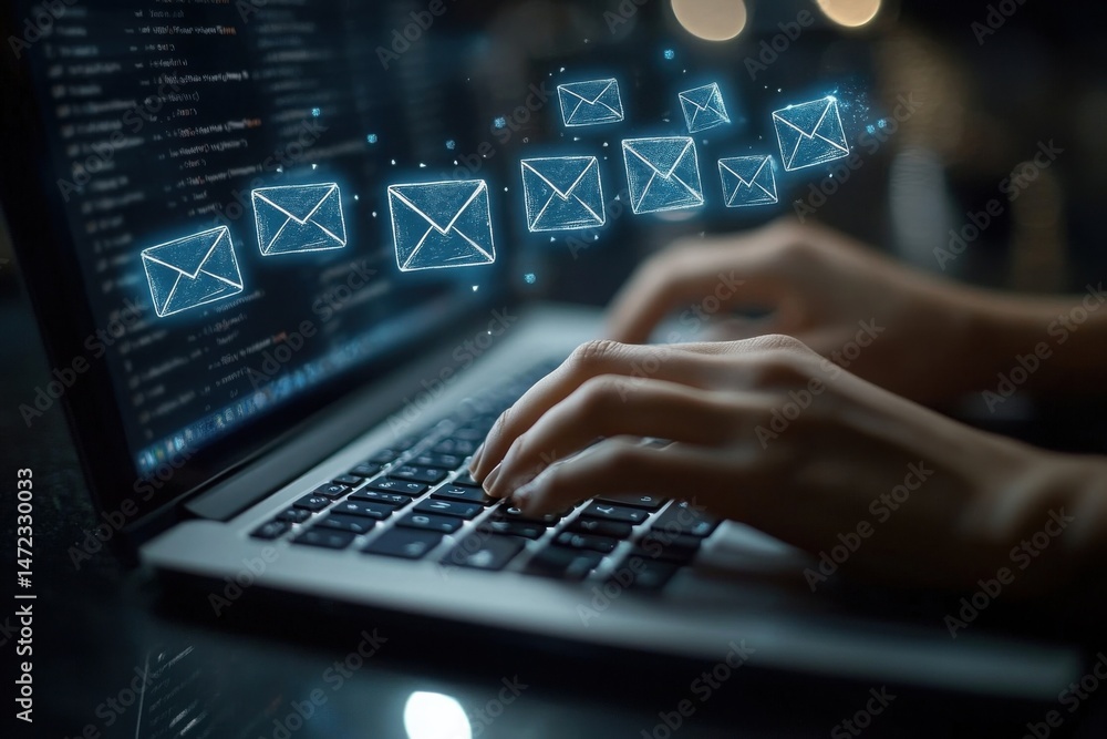 Poster person's hands typing on laptop keyboard, with glowing email icons floating above, suggesting online
