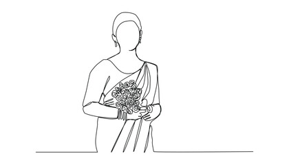 Bride holding a bouquet continuous line drawing. Continuous one line bride silhouette side view wearing a wedding dress.