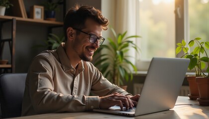 Smiling casual programmer man using agentic ai on laptop for vibe coding.