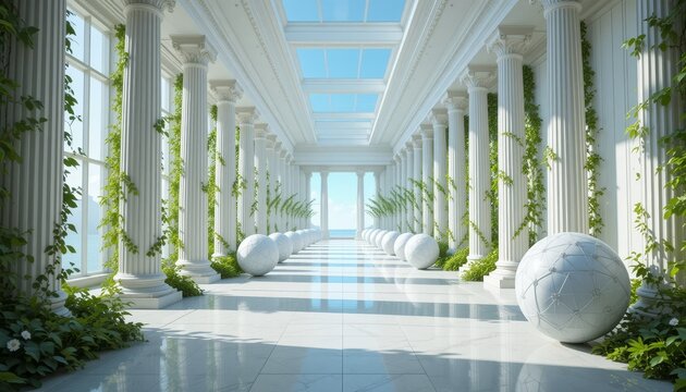 Fototapeta 3D Wallpaper. Hallway with Columns, Spheres and Vines Along White Tiled Floor