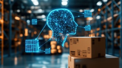 Artificial ligence head with digital patterns oversees packaged boxes in a large industrial warehouse.