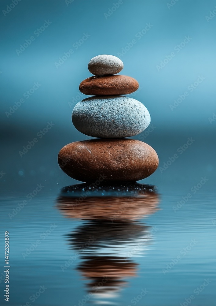 Aufkleber serene stack of balanced stones reflecting in calm water, a symbol of tranquility and inner peace. :
