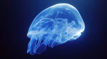 Glowing jellyfish floating, ethereal marine creature in deep blue water, highlights ocean beauty and tranquility.