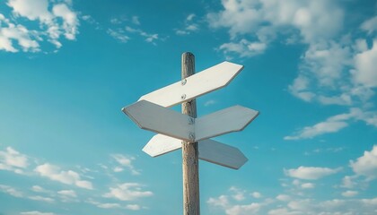 Wooden signpost with blank arrows against a blue sky.
