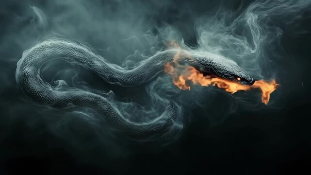 A powerful serpent rises from swirling smoke, exhaling flames as it captivates the viewer with its fierce presence and extraordinary details in high resolution