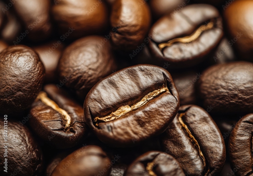 Poster close-up view of roasted coffee beans, showcasing their rich brown color and intricate textures. the