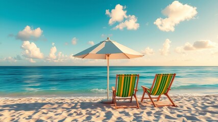 Fototapeta premium Two beach chairs sit under a white umbrella on a pristine sandy beach with turquoise water and a bright sunny sky perfect for a relaxing vacation.