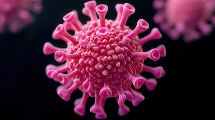 Pink spiked virus particle on a dark background.