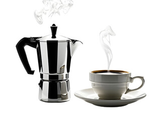 Elegant Espresso Maker with Coffee Cup and Steam on White Background
