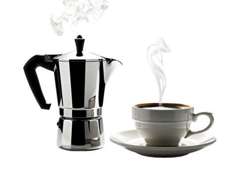 Elegant Espresso Maker with Coffee Cup and Steam on White Background