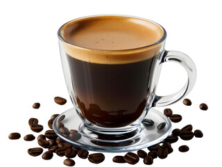 Freshly Brewed Espresso in Glass Cup with Coffee Beans on Table