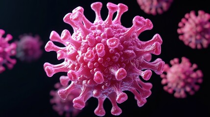 Pink spiked virus particle on a dark background.