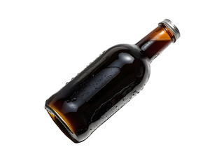 Dark Glass Bottle with Drink and Water Droplets on Isolated Background