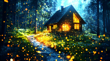 Enchanted forest cabin bathed in magical light