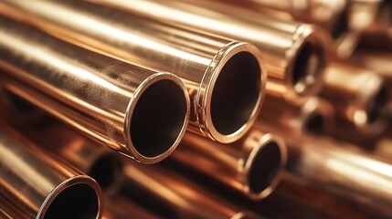Naklejka premium Close-up of shiny copper pipes arranged in a row with metallic luster.