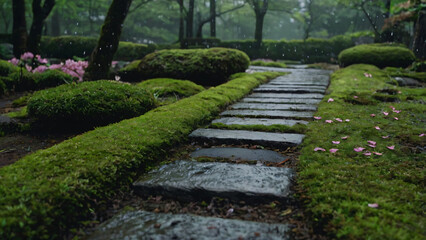 Light spring rain falling on a moss-covered stone path in a Japanese garden surrounded by green plants and scattered sakura petals of early morning