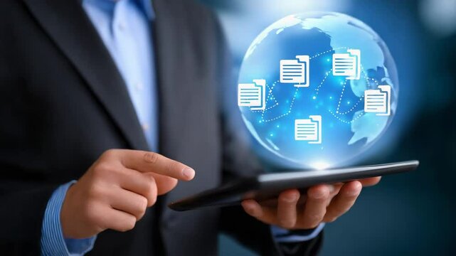 Business professional using tablet with digital file icons for modern communication.