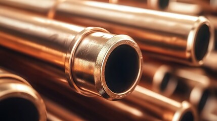 Naklejka premium Close-up of shiny copper pipes arranged in a row with metallic luster.