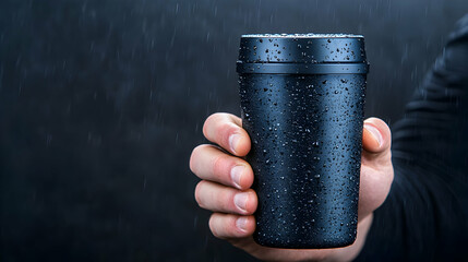 Hand holding a dark, sleek, travel tumbler