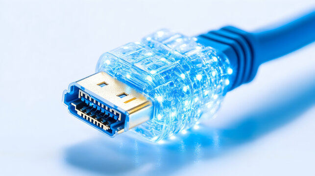 Illuminated high-definition cable connector showcasing internal circuitry