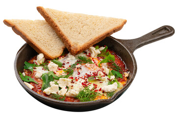 Pan of middle eastern dish shakshuka with toasts