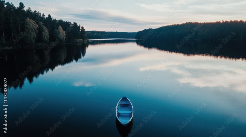 Poster serene twilight scene featuring a small blue rowboat peacefully resting on a calm lake, surrounded b