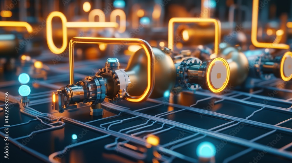 Aufkleber futuristic pipeline system features intricate mechanical components with a bright glowing neon illum