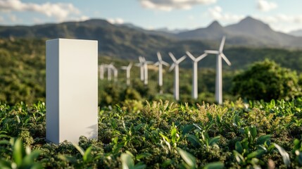 A blank white pillar stands prominently in a field of green foliage with windmills in the distant background.
