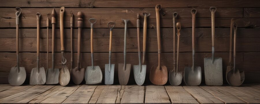 Antique gardening implements displayed on aged wooden surface , rustic, metal, trowel