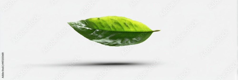Poster single vibrant green leaf floats against a minimalist white backdrop, showcasing intricate leaf vein