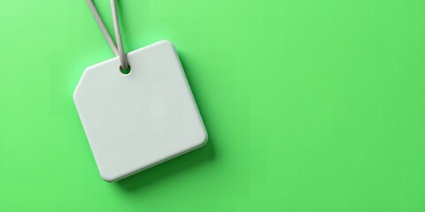 Naklejka premium A close up of a white tag hanging on a string against a bright green background surface area