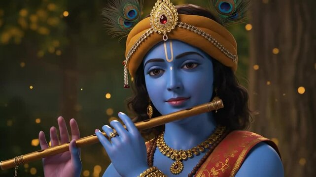 Close-up of Lord Krishna with divine flute