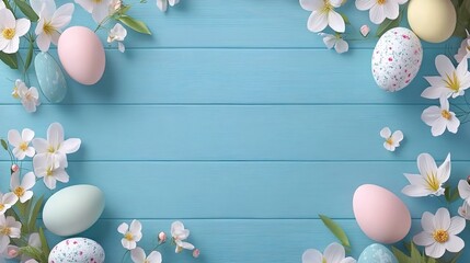 Easter eggs and flowers on light-blue wooden texture as border.