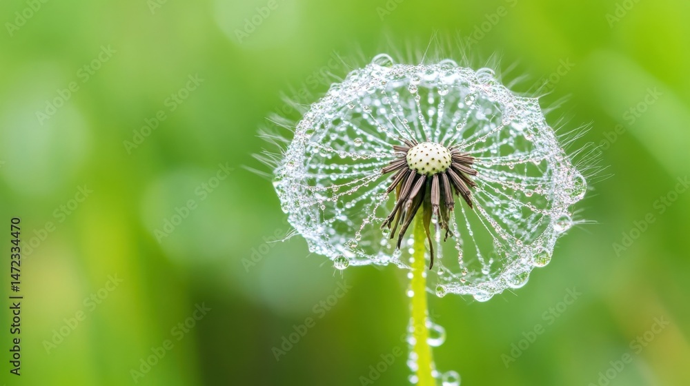Poster closeup of a dandelion seed head covered in morning dew, showcasing delicate details and a soft gree