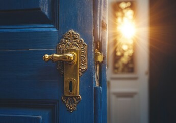 A golden door handle on a dark blue wooden door, slightly ajar, reveals a bright sunlit hallway beyond, suggesting new beginnings or opportunity. : Generative AI