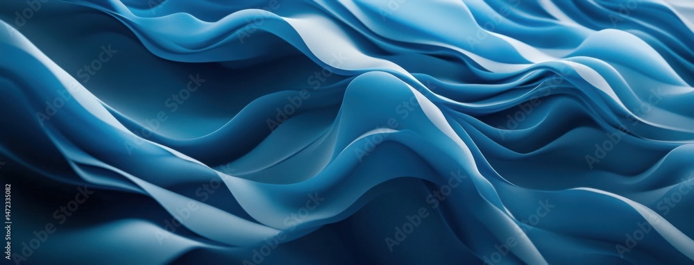 Fototapete Abstract Blue Fabric Waves: Elegant, flowing, deep blue textile with soft, subtle light highlights creating a luxurious and calming visual texture. : Generative AI