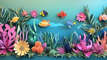 Paper Fish  Flowers Underwater Scene.