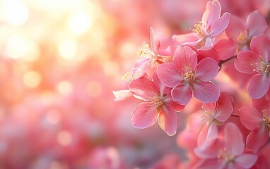 Obraz premium Delicate pink blossoms in soft sunlight, vibrant springtime floral display.