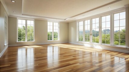 Fototapeta premium Sunlit Empty Room with Hardwood Floor and Large Windows