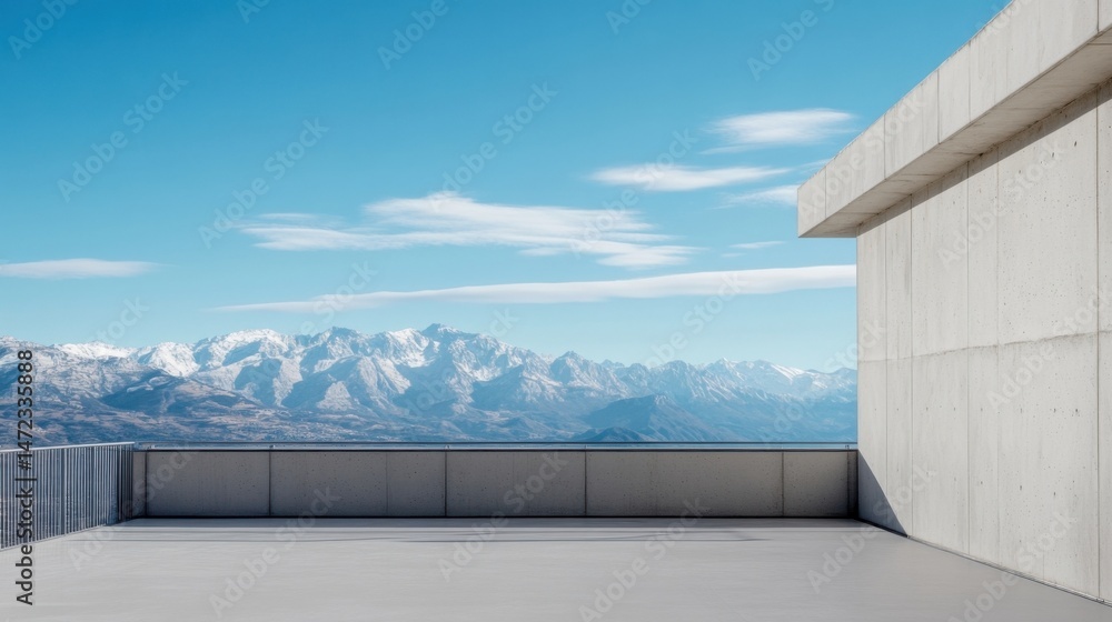 Aufkleber modern concrete balcony overlooking a majestic snow-capped mountain range under a clear blue sky, of